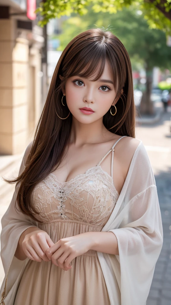 Best quality, 8k, ,Masterpiece :1.3)), facing viewer,((full body1.2)) ,pretty woman, wide shot ,1girl, , , , , brown hair , bangs,ultra-detailed face, highly detailed lips, detailed eyes, double eyelid