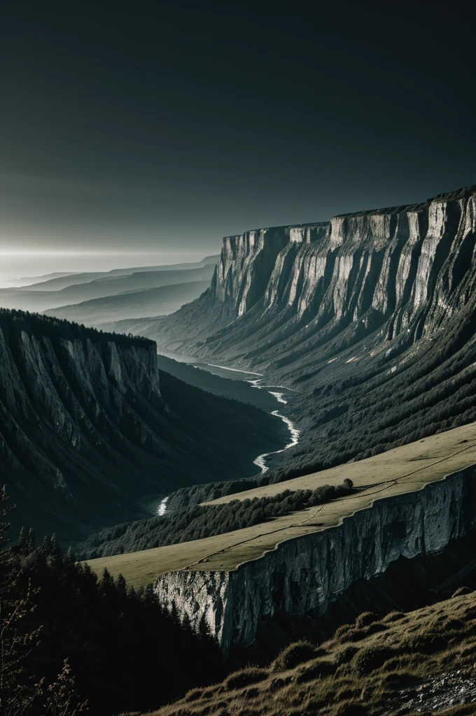 Cliffs in the dark with a gray tone around a dark forest