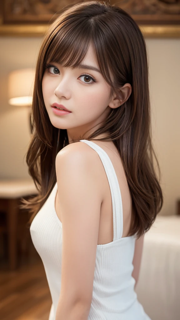 Best quality, 8k, ,Masterpiece :1.3)), facing viewer,((full body1.2)) ,pretty woman, wide shot ,1girl, , , , , brown hair , bangs,ultra-detailed face, highly detailed lips, detailed eyes, double eyelid