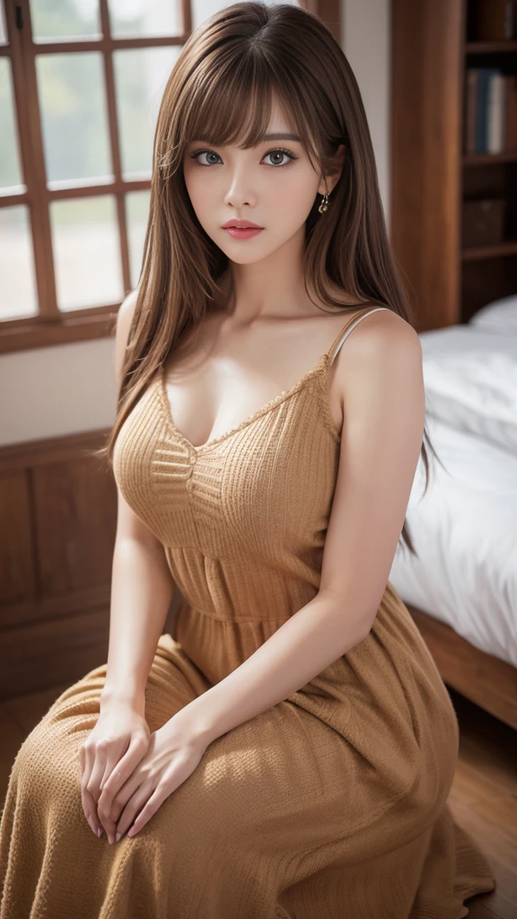 Best quality, 8k, ,Masterpiece :1.3)), facing viewer,((full body1.2)) ,pretty woman, wide shot ,1girl, , , , , brown hair , bangs,ultra-detailed face, highly detailed lips, detailed eyes, double eyelid
