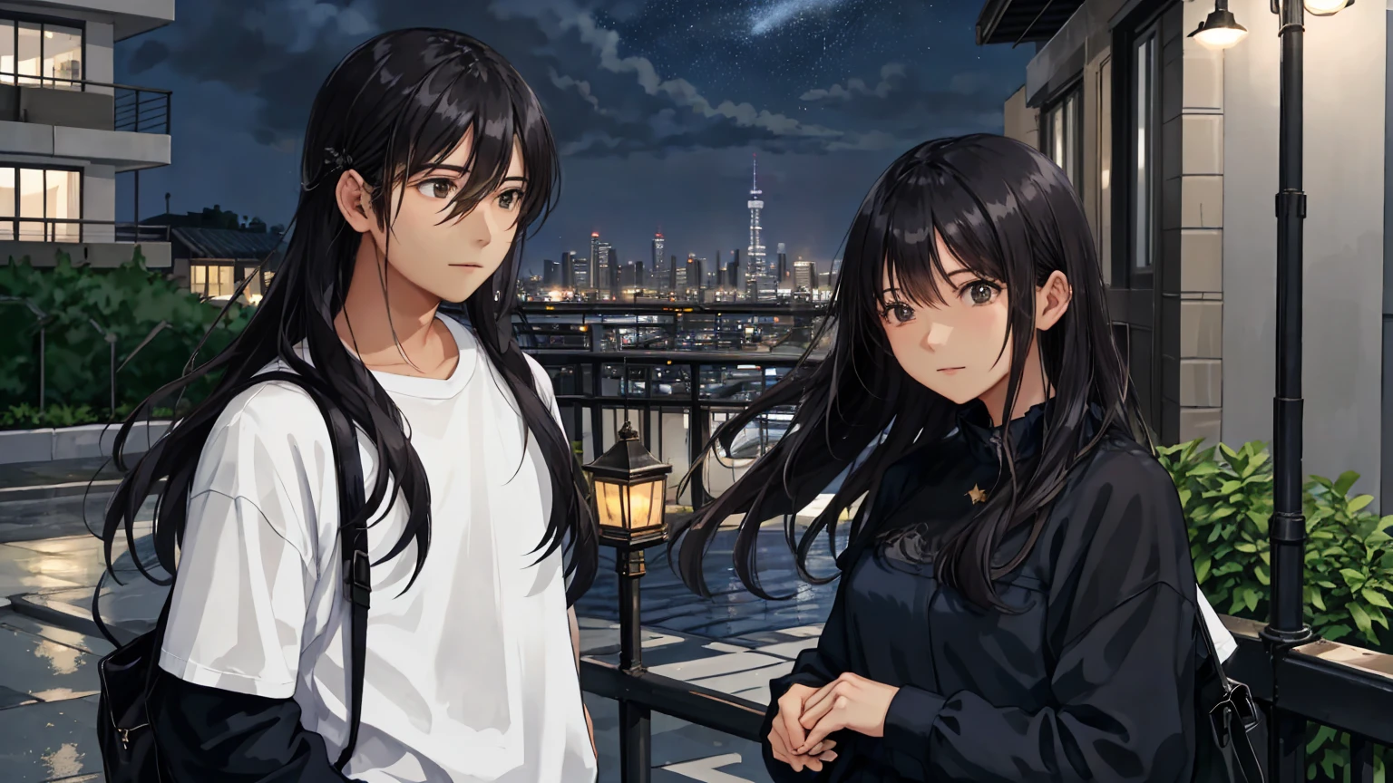 A July night in the city, with a cool breeze blowing through the buildings. After the rain, stars twinkle through the gaps in the clouds. A man and a woman, with the woman's long black hair flowing in the wind, enjoying a moment of twilight in the summer night. The man is handsome, and both are dressed in light early summer clothing, adding to the relaxed atmosphere of the urban landscape.