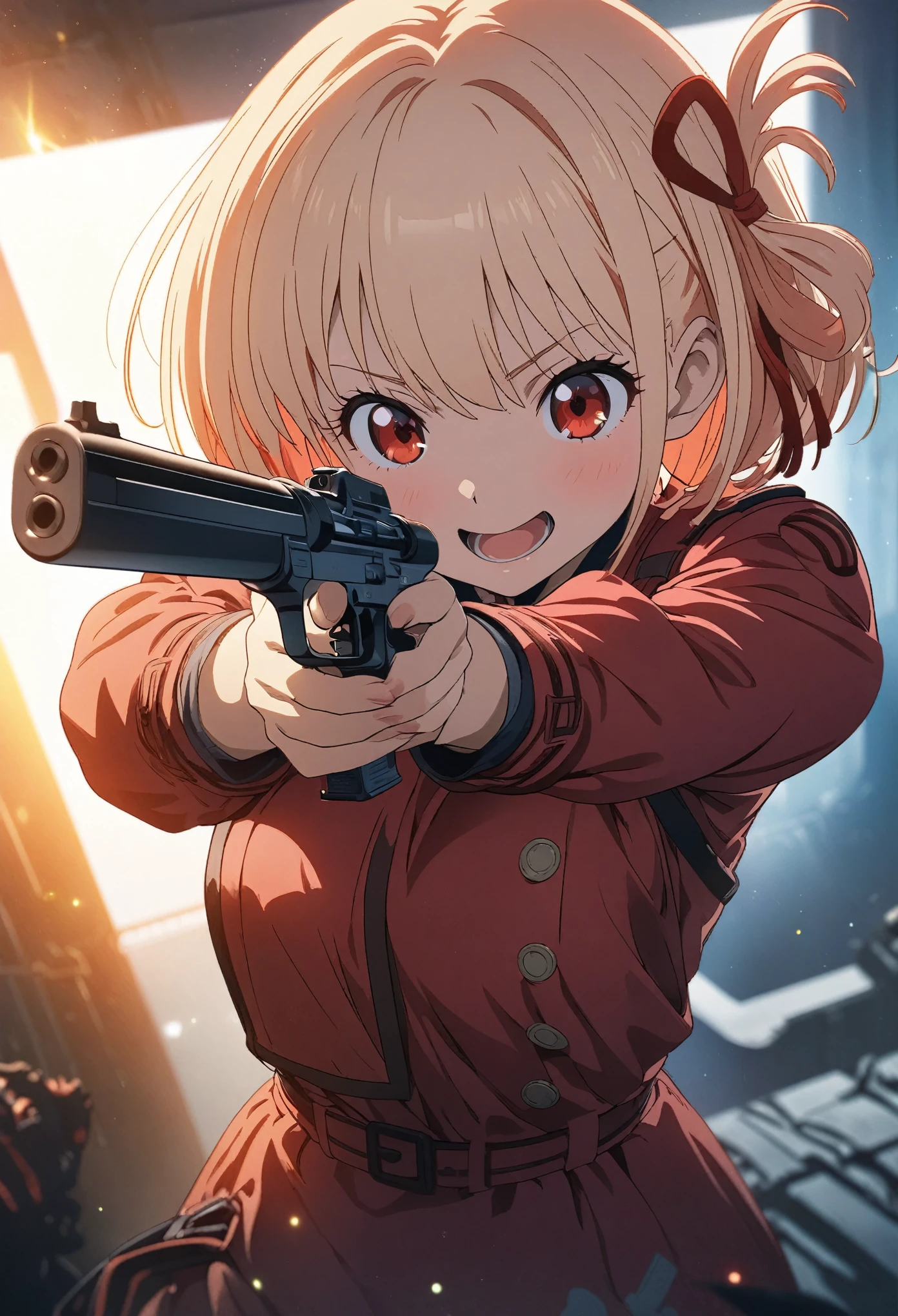 This is Chisato Nishikigi's masterpiece illustration from the anime Licorice Recoil. Her short blonde bob hairstyle has a red ribbon attached to it. He wears a red uniform. She seems to be holding a big gun and aiming at it while winking. very cute. This is a digital illustration. Sharp focus, highly detailed illustrations, masterpieces, high resolution, and Octane's overall style. Describe the whole thing. Particles of red light throughout Masterpiece, Top quality, High resolution, Unity 8k wallpaper, (Figure:0.8), Beautiful detailed eyes, Highly detailed face, Perfect lighting, Highly detailed CG, Perfect hands, Perfect anatomy