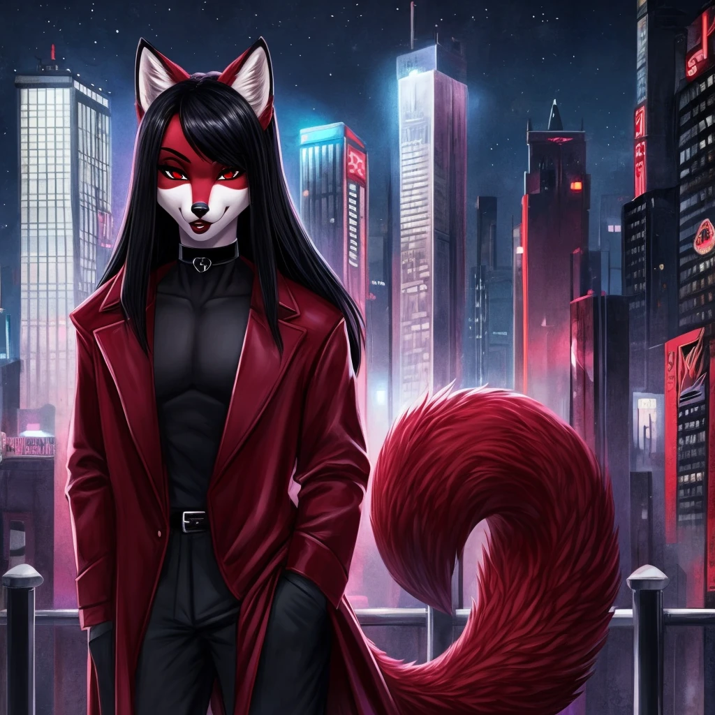 Draw a furry anthropomorphic red fox, with long black hair, with red eyes, with burgundy lipstick on big lips, bimbo, red coat, dressed in a black classic jacket with a black top, with a black choker around his neck, with a fluffy tail, very attractive, serious stands against the backdrop of the night city