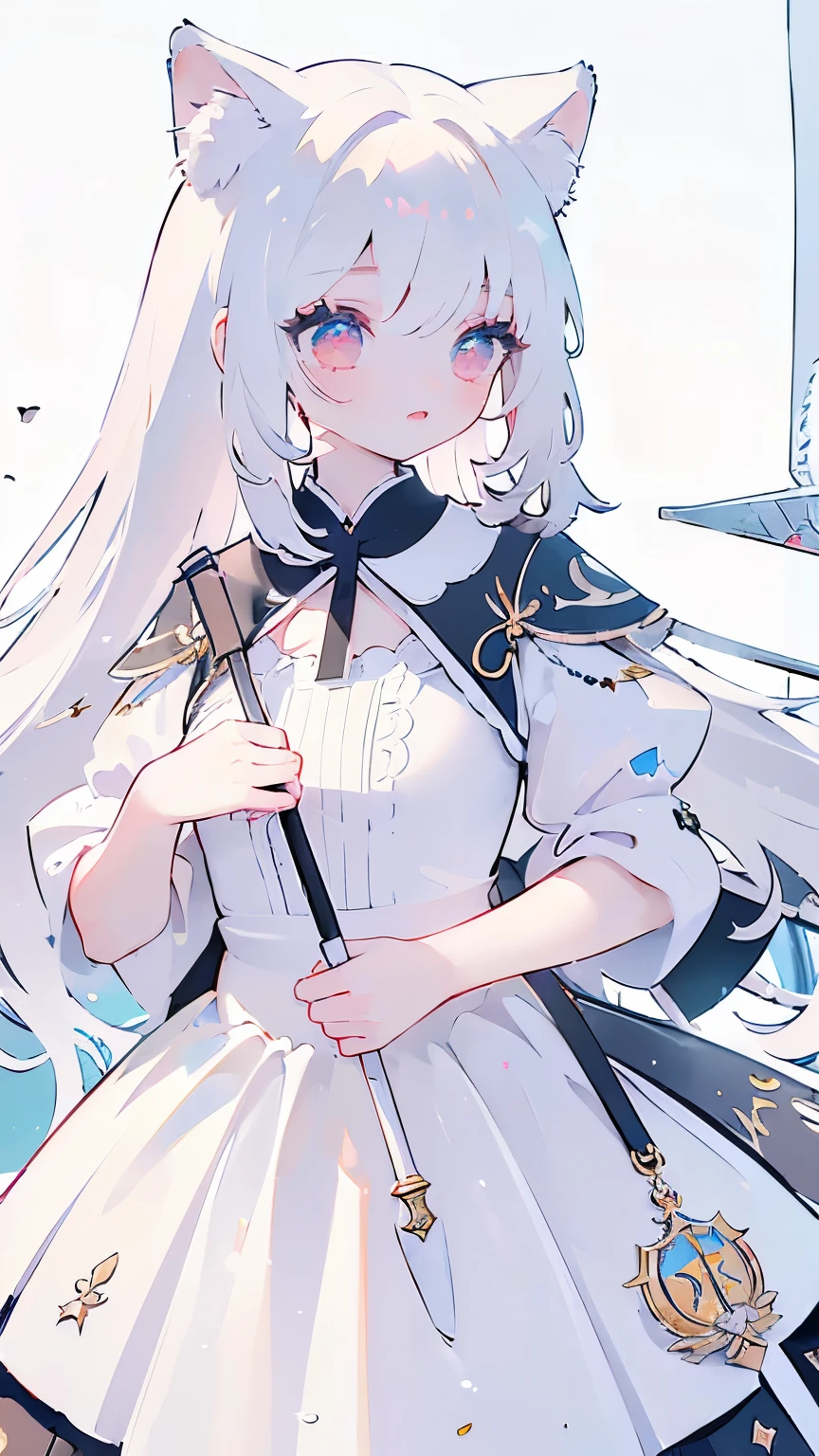 Tsundere 18 year old girl, beautiful and delicate eyes, beautiful lips, very detailed 눈과 얼굴, long eyelashes, 1girl, white cat ears, foot long bag, Front view, Red-eye, (top quality, 4K, 8K, high resolution, masterpiece:1.2), very detailed, (realistic인, realistic인, realistic인, realistic인, realistic: 1.37), big bust, Scythe, elegant, fantasy, white background,holding a weapon, maid uniform, I can see my armpits