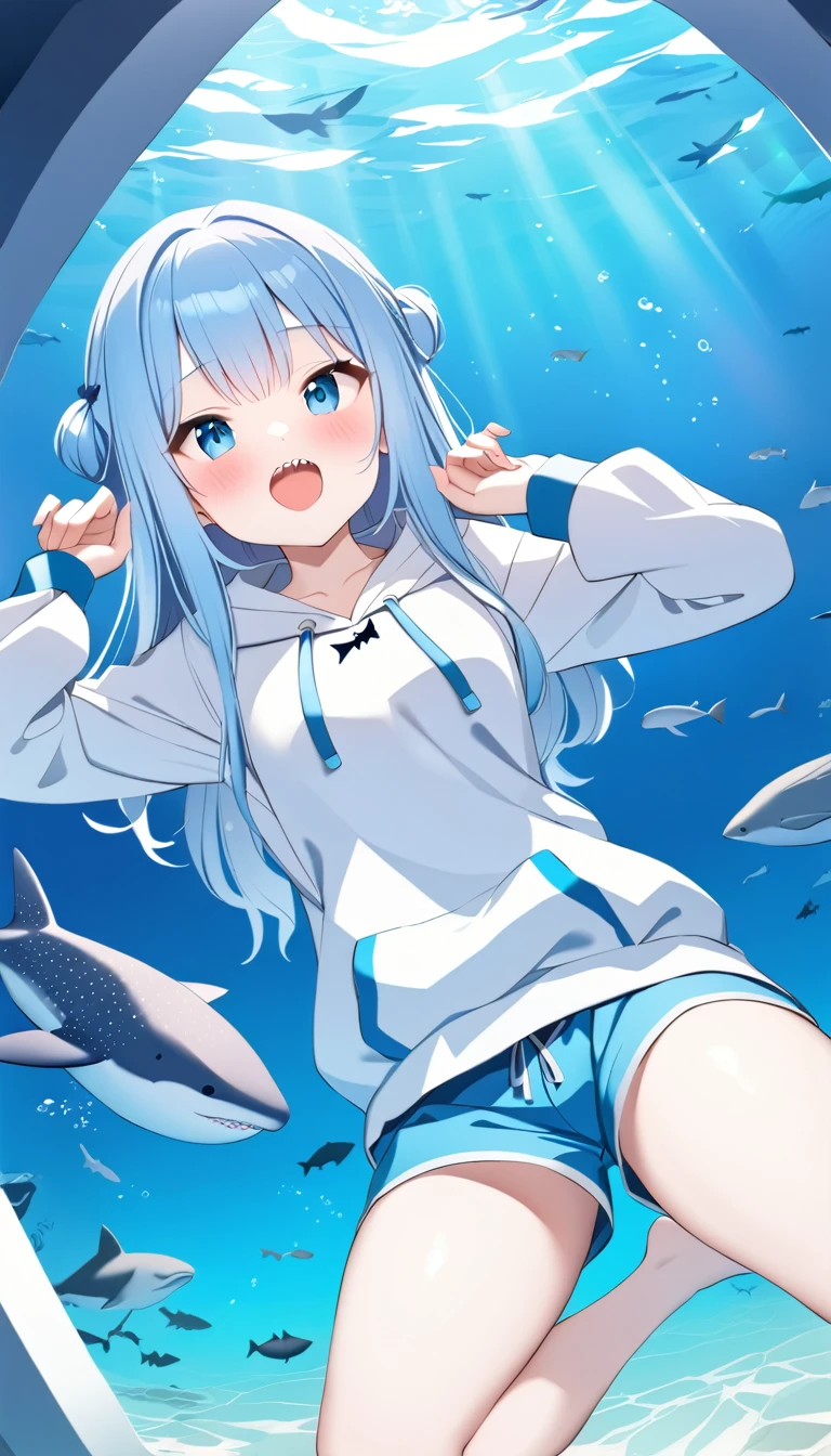Highest quality、masterpiece:1.3、Perfect ???????、One Girl、１２talent、Shark-chan、かわいいShark-chan、Shark-themed hoodie、Shark teeth on the hood、Wearing a hood、Light Blue Hoodie、Girl with open mouth、Sharp teeth、Shark themed hoodie、Light blue culottes、Random pose、break、aquarium、Large aquarium、美ら海aquarium、Highly detailed whale shark、A whale shark swimming gracefully in the tank、暗いaquarium、Low light、
