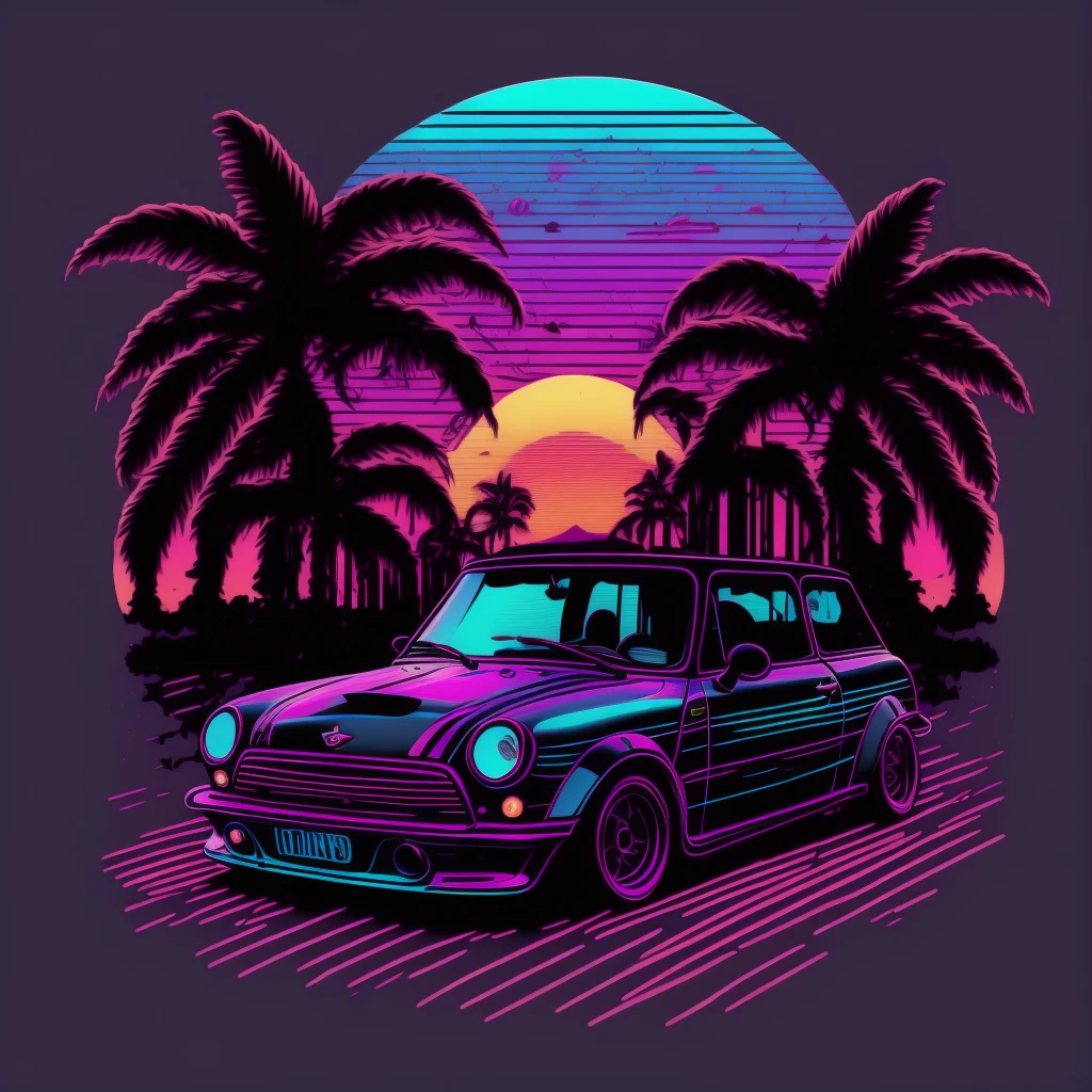 a mini Cooper in front of the sunset, vaporwave style, neon style, smooth lines, Vector sticker art, Vector kernel, details Intricate, black t-shirt design, 8K