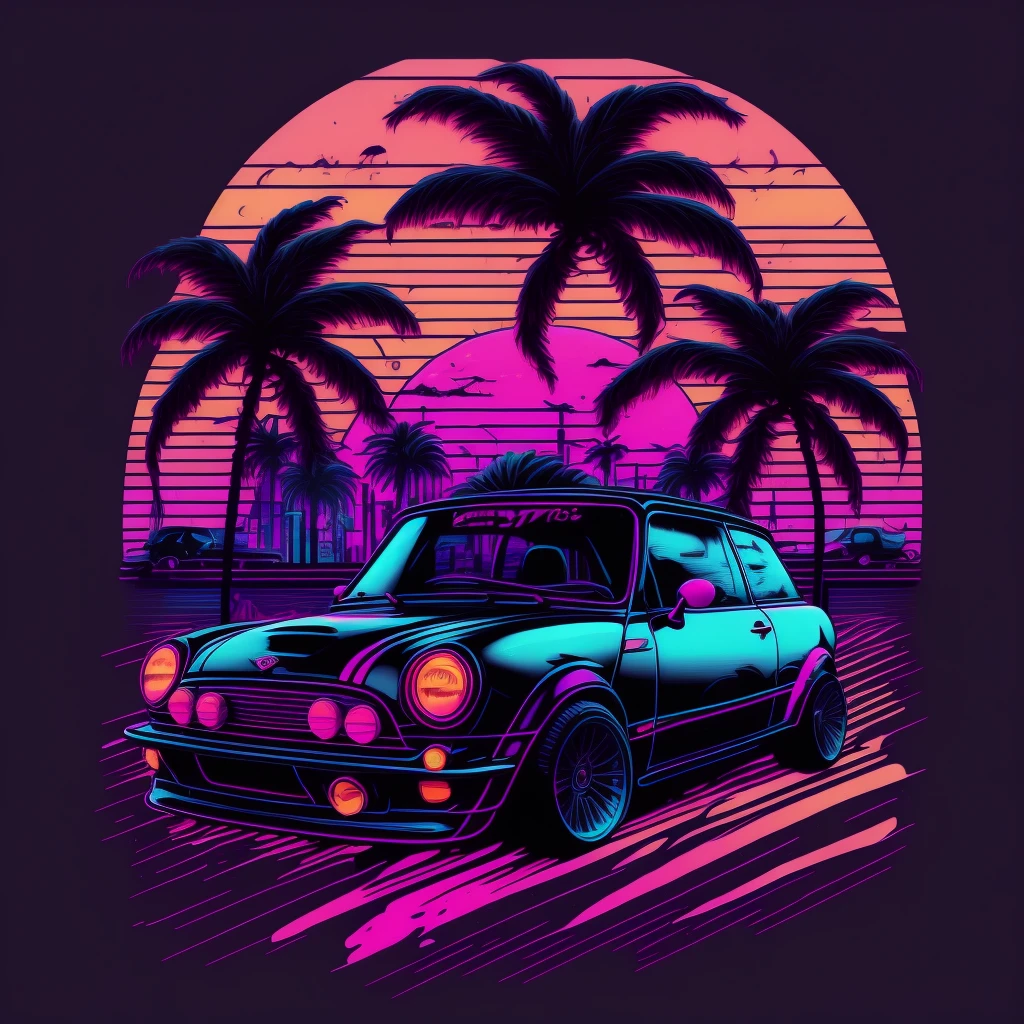 a mini Cooper in front of the sunset, vaporwave style, neon style, smooth lines, Vector sticker art, Vector kernel, details Intricate, black t-shirt design, 8K