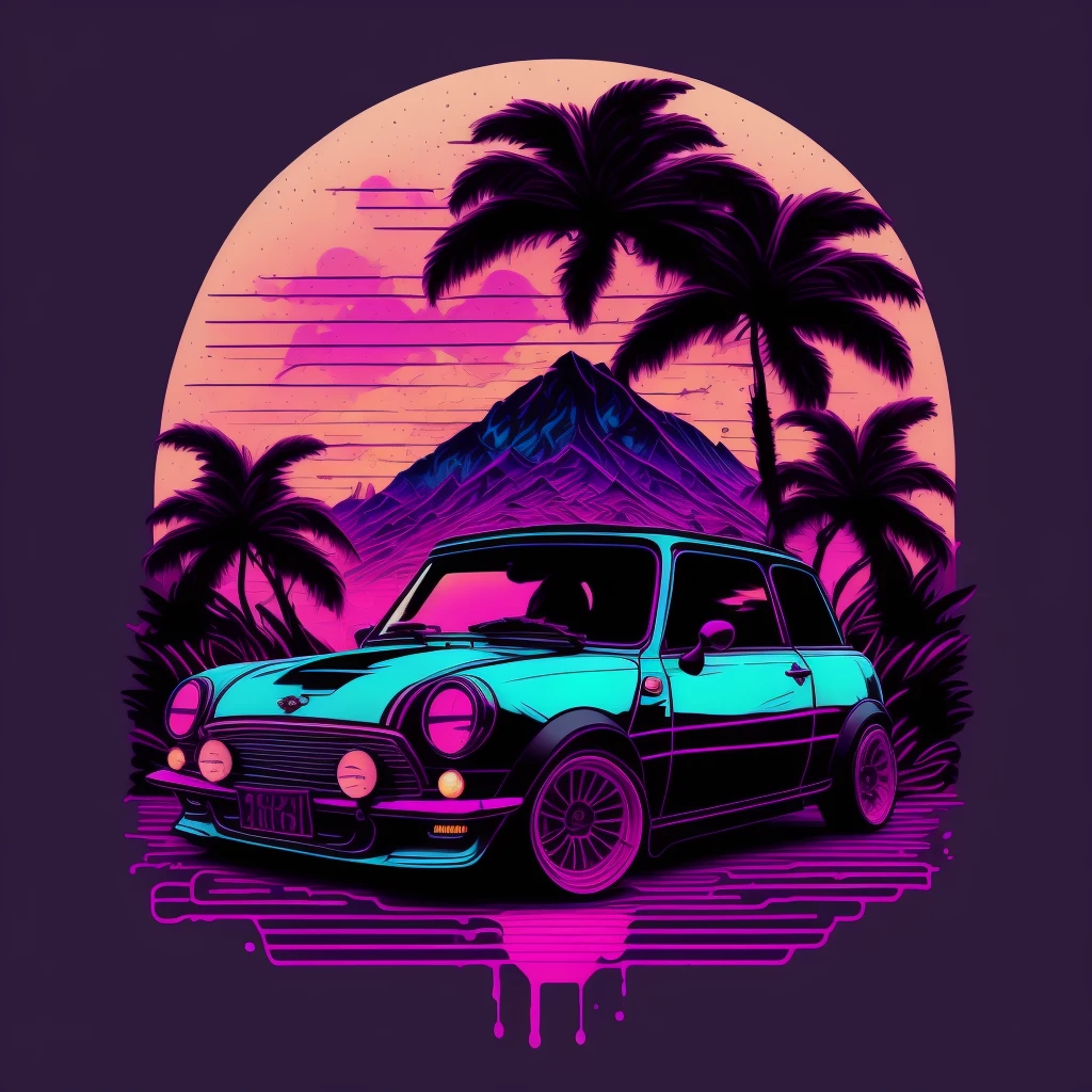 a mini Cooper in front of the sunset, vaporwave style, neon style, smooth lines, Vector sticker art, Vector kernel, details Intricate, black t-shirt design, 8K