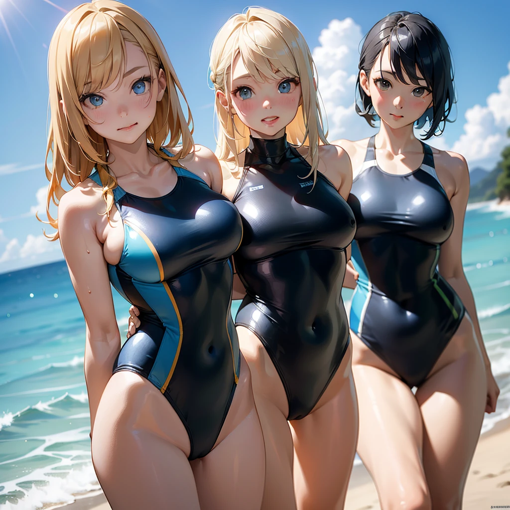 absurderes:2.0、(blue racing swimsuit)、realistic, Unity 8K Wallpaper, Masterpiece, Realistic face, Realistic skin feeling ,detailed hair, highly detailed, realistic glistening skin, Cute Girl, Perfect face, charming face, Glossy skin, (cowboy shot), embarrassed, blond hair、outdoor, light smile, active pose:1.3