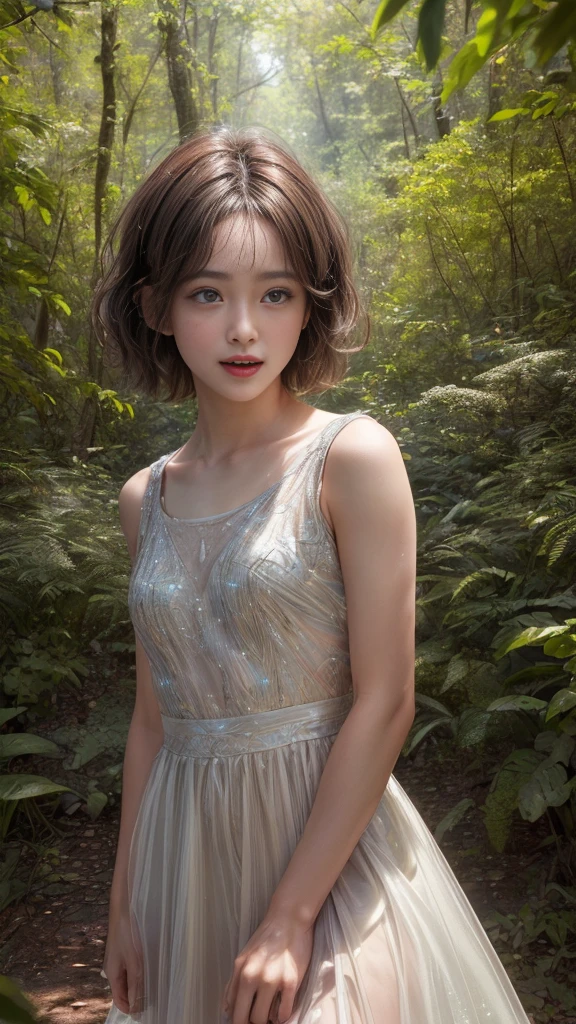 beautiful girl, (((((small)))), Show your face, Sticking out tongue, short hair, brown, 8K, Professional photography, delicate, clear, in the forest, sun, Light leakage, masterpiece, (beautiful)))), (reality)))), smile, wonderful, Angel, young(Detailed face)、reality的Skin、((delicateな写真)),(Girl Masterpiece RAW Photo Details:1.25), (Highest quality:1.6), (Ultra-high resolution:1.5), (Realistic:1.75), 8K resolution,50mm, Absurd, Ultra-detailed,Cinema Lighting、