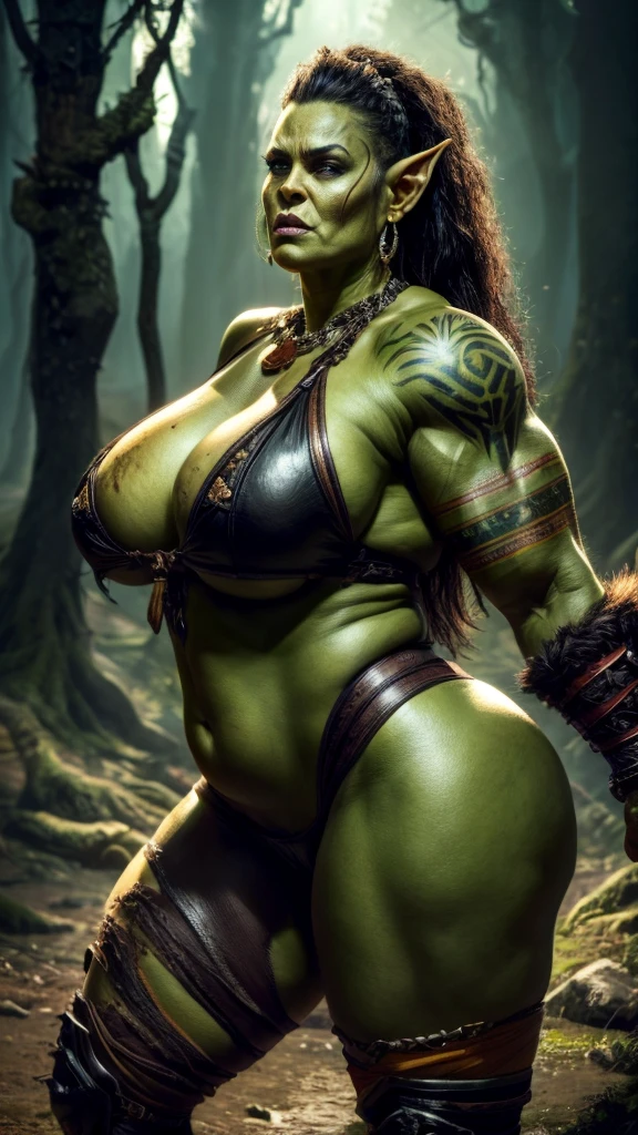 Young orc woman (big fangs), female orc, (green skin) , fearsome, dirty skin and hair, dirty linen and leather clothes, big saggy breasts, skin imperfections, skin dentation, bone jewelry, forest background, natural lighting, tribal tattoos, muscular, big body, highly detailed, 8k, photorealistic, dramatic lighting, cinematic, fantasy art, ultra high quality, sharp Focus, orczor, view from side, interesting poses, chubby