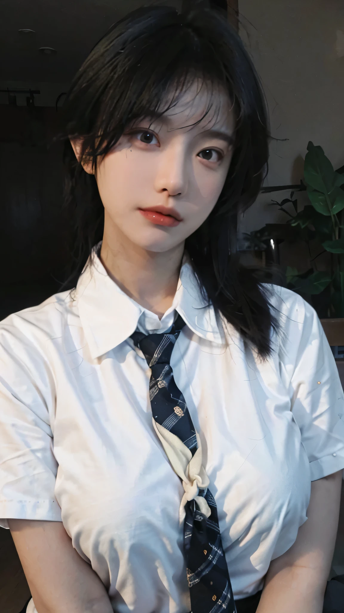 Best quality,masterpiece,ultra high res,(photorealistic:1.4),1girl,sexy,(shirt and tie:1.2),(large breast:1.3),(upper body:1.4)