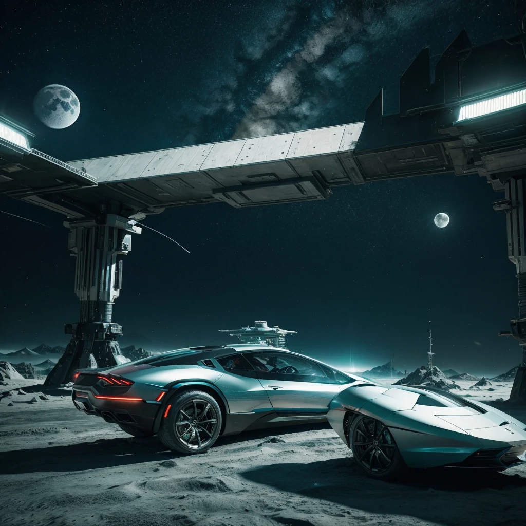 Futuristic environment with the moon in the background. In the image with the following color palettes, #23101C, #772B32, #835C97, #9291A3, #D0523A. Cinematic, 8k, pixar style 3D, high quality