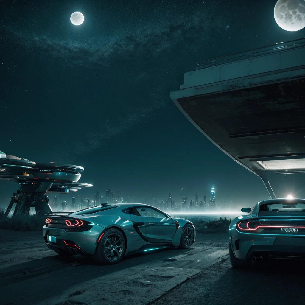 Futuristic environment with the moon in the background. In the image with the following color palettes, #23101C, #772B32, #835C97, #9291A3, #D0523A. Cinematic, 8k, pixar style 3D, high quality