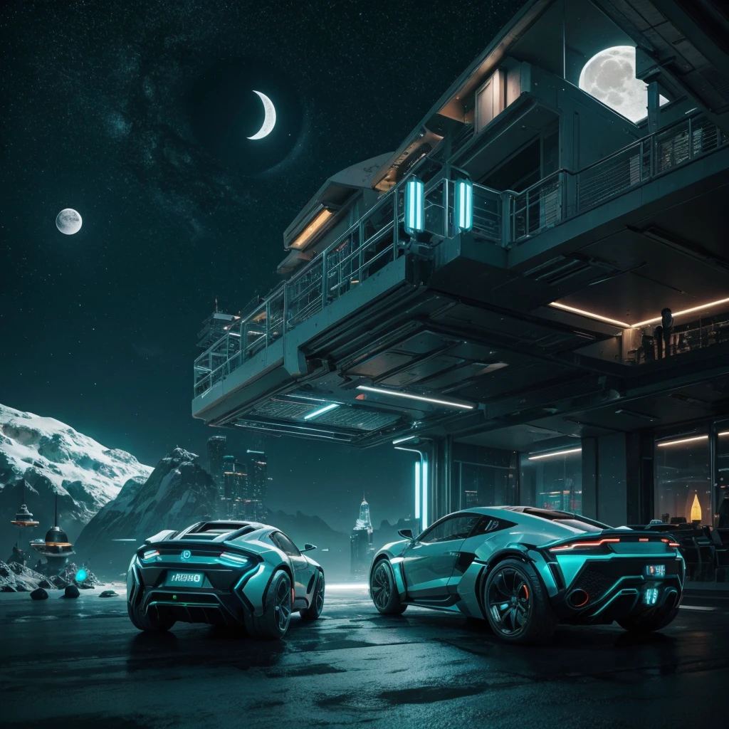 Futuristic environment with the moon in the background. In the image with the following color palettes, #23101C, #772B32, #835C97, #9291A3, #D0523A. Cinematic, 8k, pixar style 3D, high quality