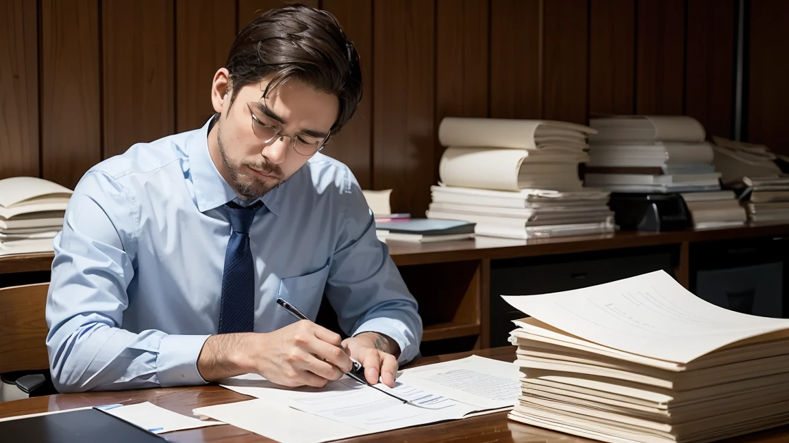 An office worker at his desk, surrounded by messy papers. He is seen frustrated while reviewing documents and typing on a computer. Spotlight, Focuses on his hand making a mistake while typing.