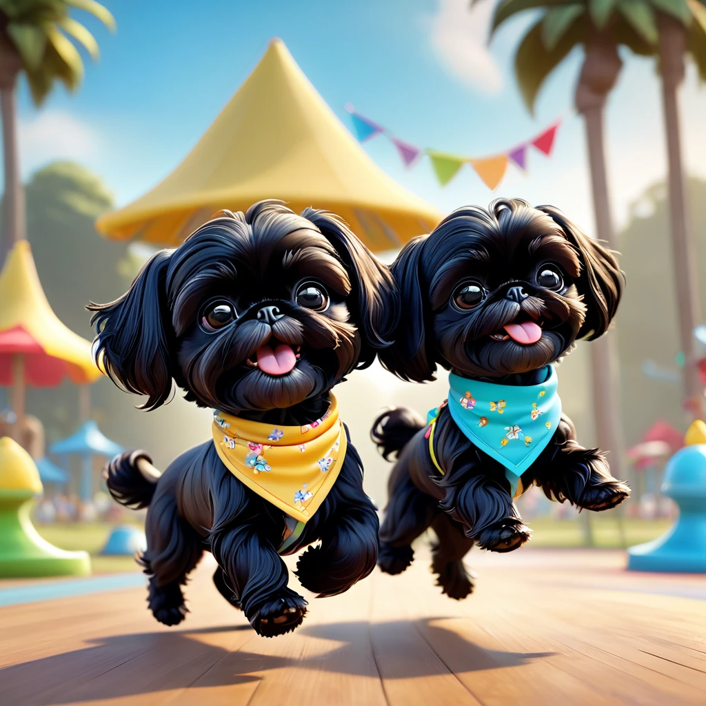 2 Adorable small black Shih Tzu puppies wearing bright bandannas sunglasses dancing at dog park Disney background 3d cartoon 3d render disney pixar style