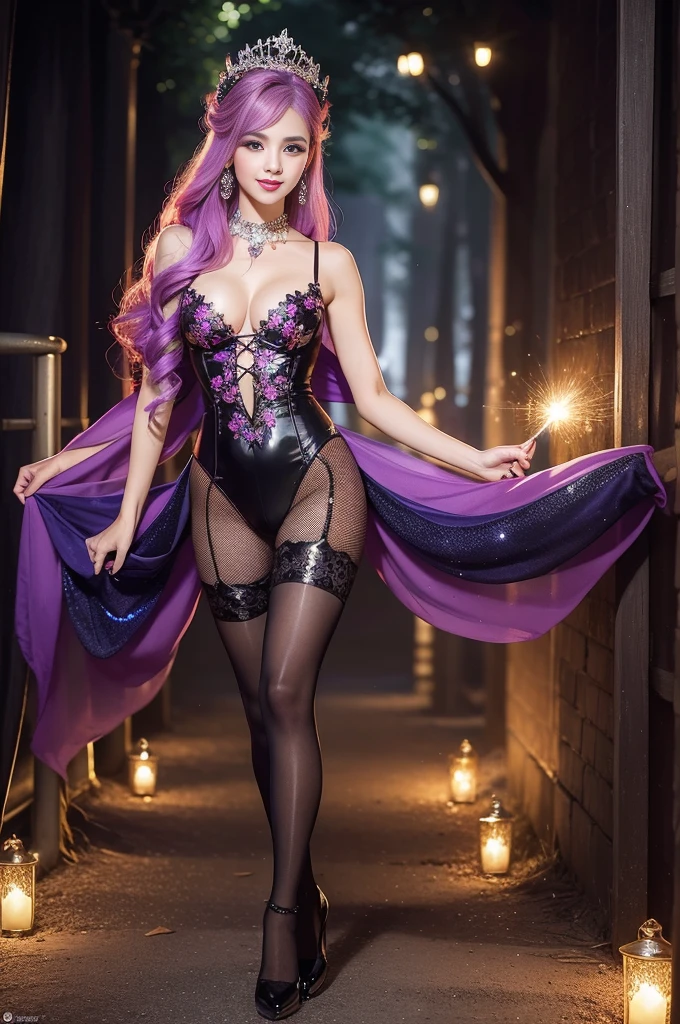 sexy Spanish model who controls poison、beautiful smile、lip-gloss、long lashes、intense makeup、look at the camera、full body Esbian、、sparkling poisoned flower costume、、、、shiny sparkling multicolor hair、secrete poison、skull hair accessories、sexy tights、shiny sparkling dark magic forest background