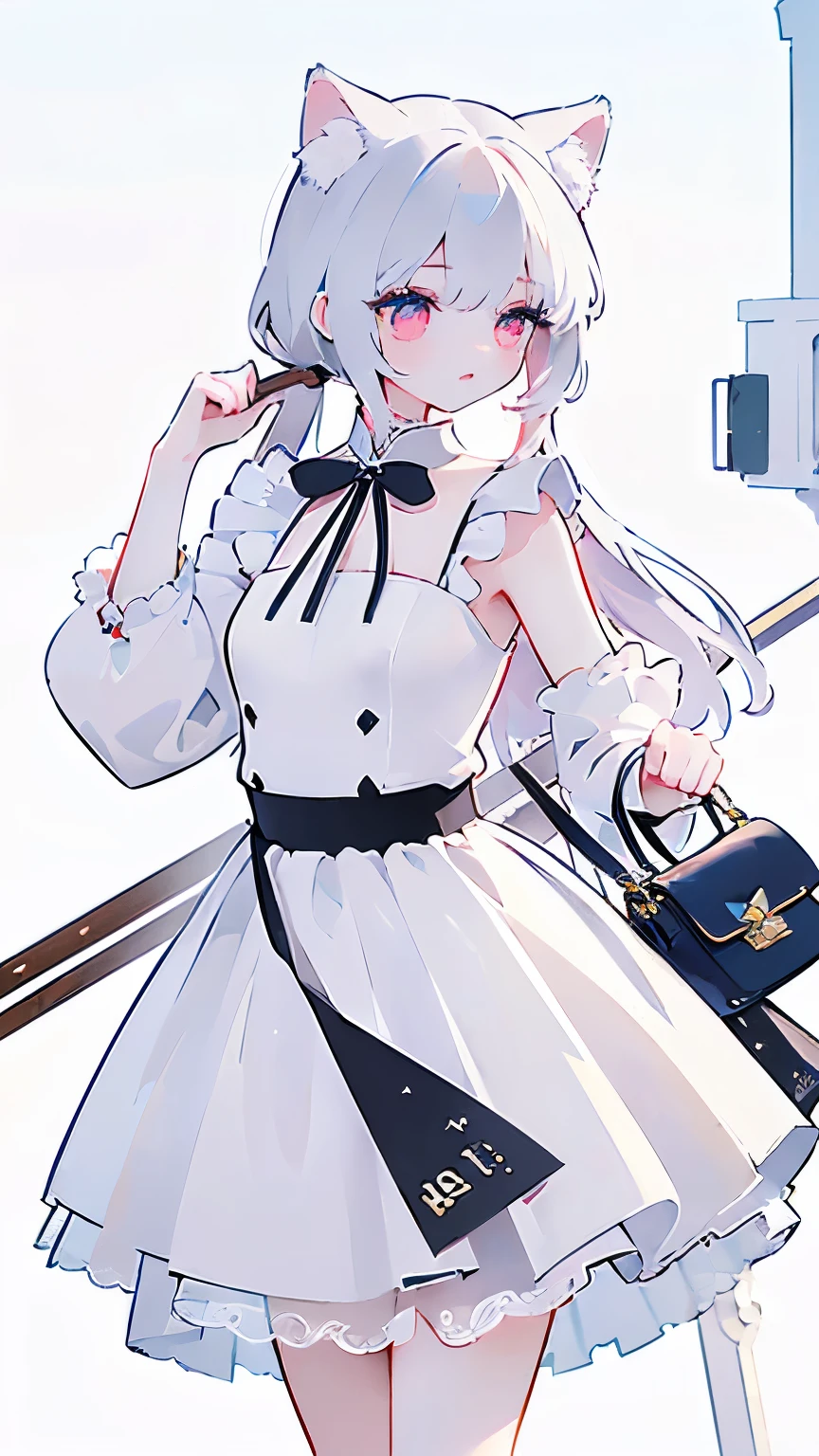 Tsundere 18 year old girl, beautiful and delicate eyes, beautiful lips, very detailed 눈과 얼굴, long eyelashes, 1girl, white cat ears, foot long bag, Front view, Red-eye, (top quality, 4K, 8K, high resolution, masterpiece:1.2), very detailed, (realistic인, realistic인, realistic인, realistic인, realistic: 1.37), big bust, sniper, elegant, fantasy, white background,holding a weapon, maid uniform, I can see my armpits