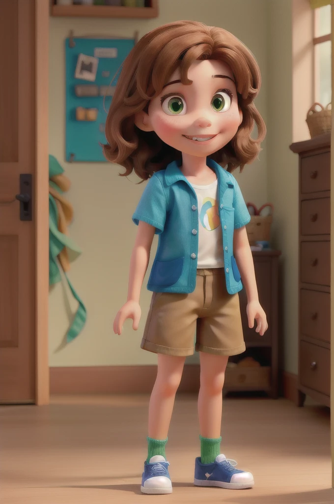 Make a Disney style doll of a light brunette boy with straight caramel hair, Green shorts, blue blouse and brown sneakers,
On your face you have a beautiful, charming smile