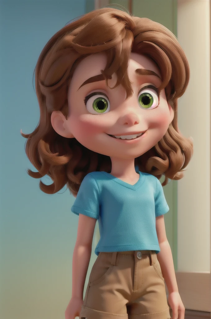 Make a Disney style doll of a light brunette boy with straight caramel hair, Green shorts, blue blouse and brown sneakers,
On your face you have a beautiful, charming smile