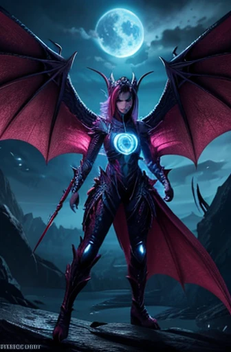 Dragon, wings, female, scaly body, skinny, big wings on her back, glowing eyes, using magic, clothes, arms, mortal face, human body, pretty, full body, no tail