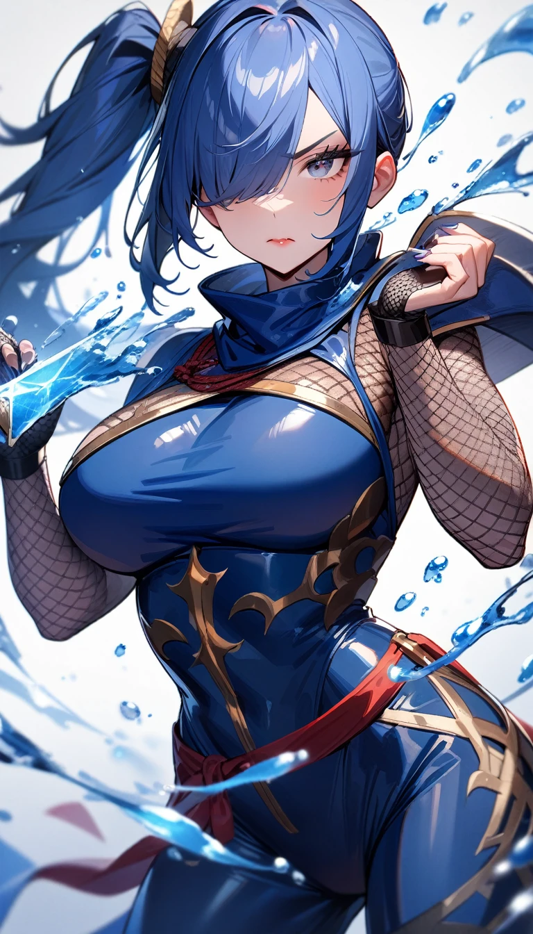 1girl,solo,super detailed skin,shiny skin,serious face,blue hair,hair over one eye,half open eye,eyelashes,lips gloss,side ponytail ,large breasts,bodysuit,fishnet arms,ninja clothes ,cowboy shot,knife in hand,water magic,simple background,masterpiece,best quality,ultra detailed,high resolution,sharp focus