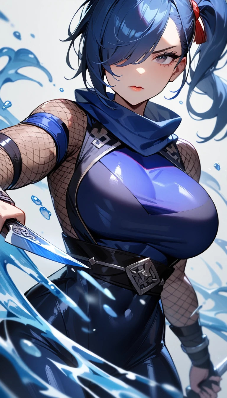 1girl,solo,super detailed skin,shiny skin,serious face,blue hair,hair over one eye,half open eye,eyelashes,lips gloss,side ponytail ,large breasts,bodysuit,fishnet arms,ninja clothes ,cowboy shot,knife in hand,water magic,simple background,masterpiece,best quality,ultra detailed,high resolution,sharp focus