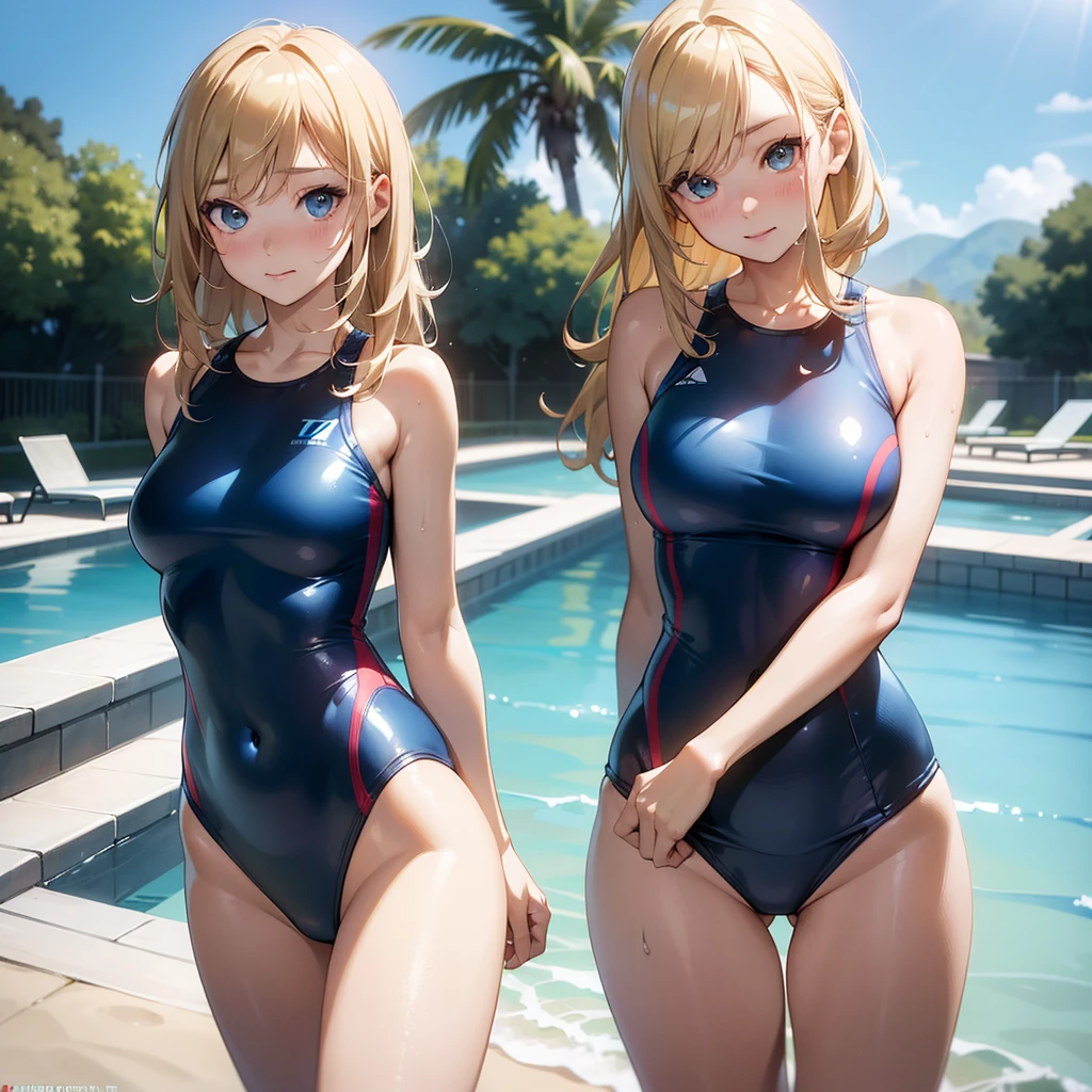 absurderes:2.0、(blue racing swimsuit)、realistic, Unity 8K Wallpaper, Masterpiece, Realistic face, Realistic skin feeling ,detailed hair, highly detailed, realistic glistening skin, Cute Girl, Perfect face, charming face, Glossy skin, (cowboy shot), embarrassed, blond hair、outdoor, light smile, active pose:1.3

