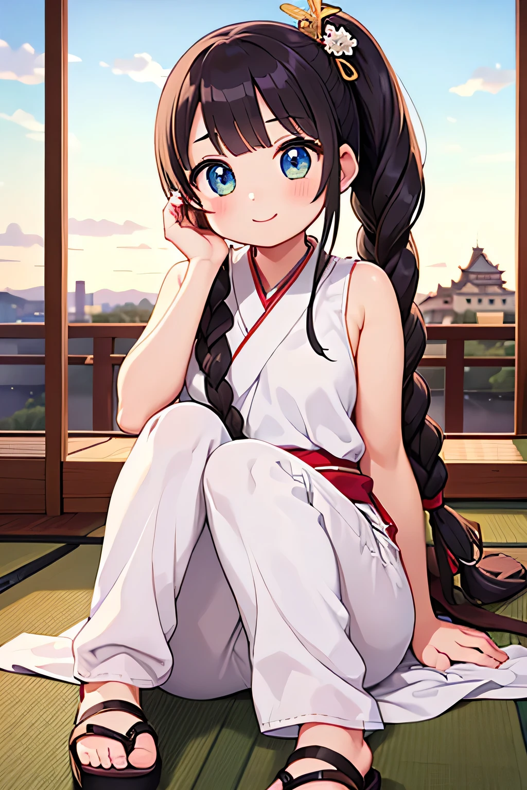 Highest quality、High resolution、Detailed Background、(Beautiful face in every detail:1.4)、Anatomically correct、(Draw the usual number of fingers:1.2)、(Detailed facial expressions)、(Detailed eyes:1.2)、(Detailed eyes:1.2)、Teenage beauty、(Highly detailed face:1.4)、Brown Hair、Braided Ponytail、Braided Bob、Braided long hair、Wavy Hairstyle、well-groomed eyebrows、cute eye makeup、Cute Lip Makeup、cute gesture、Show the whole body、Himeji castle、Inuyama Castle、Matsumoto Castle、Hikone Castle、

(A beautiful girl with a big smile with a Japanese castle in the background:1.5)、

Choose a cool chiffon dress or camisole dress for a light and airy look.、
It is recommended to wear it with casual shoes such as sandals or sneakers.、
Add some glamour with hair accessories、

A clean, all-white look is stylish for midsummer、
Sleeveless or tank tops、Bottoms include shorts and wide pants.、
We recommend natural materials for accessories such as sandals.、cute、

Matsumoto Castle、The castle tower has a unique dark color and a dignified appearance that leaves an impression.、
The interior of the castle tower has also been well preserved, allowing you to imagine what it was like back then.
