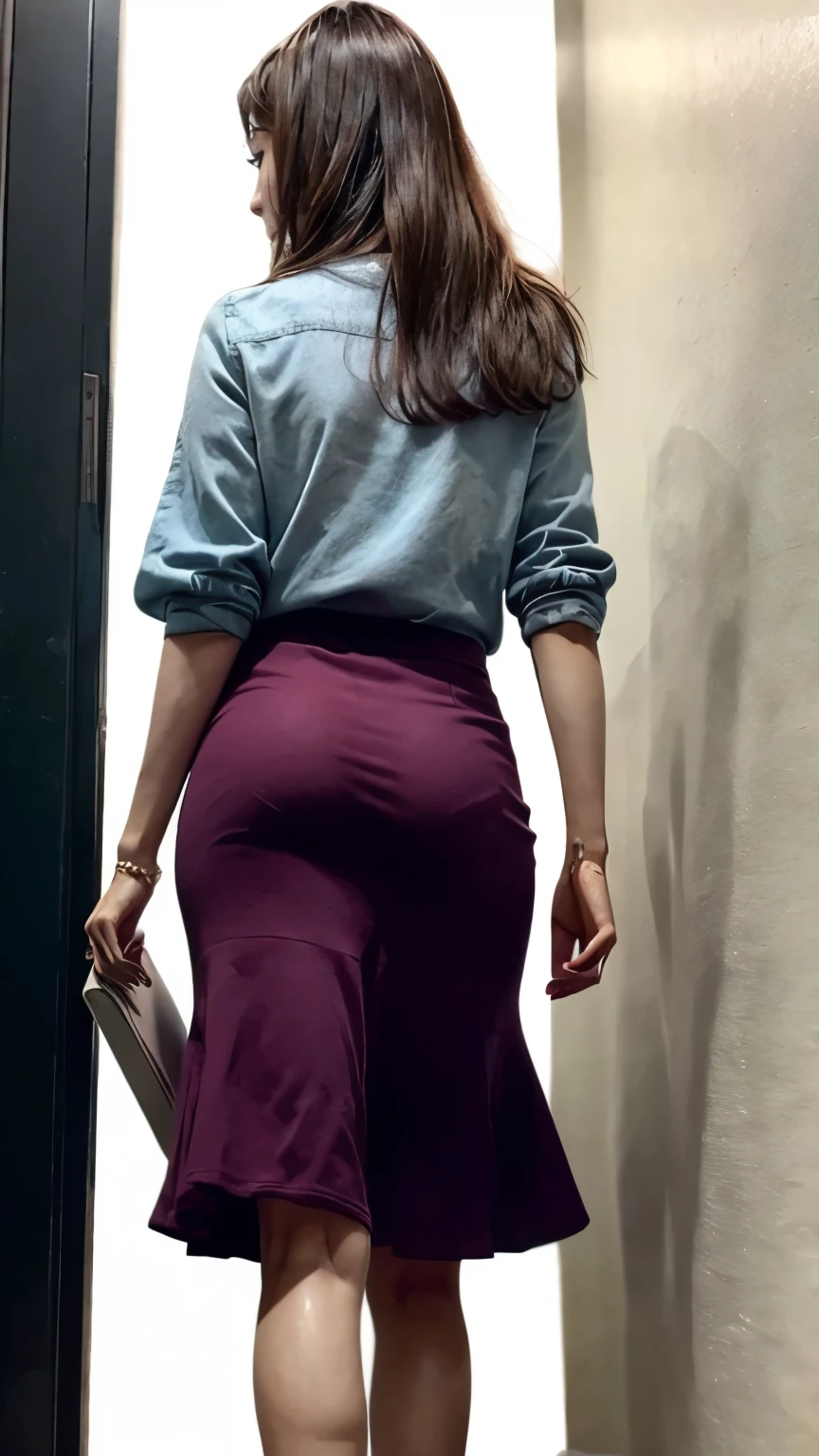 (Woman walking in the office:1.3、Looking back beauty:1.5、The background is inside the building:1.5)、(Realistic、Like a photograph、Live Action、8K, Realistic, RAW Photos, Best image quality: 1.4), Single-lens reflex camera、RAW Photos, Highest quality, Realistic, Very detailedな CG Unity 8K 壁紙, Written boundary depth, Cinematic Light, Lens flare, Ray Tracing, Realistic background 、p-line:1.5、Loose-fitting blouse:1.2、(mermaidskirt:1.3、Long skirt)、((Holding documents)))、((Ultra-Dense Skin))、 1 female,Cute Japanese Woman、Girl going to work、look back:1.3、((whole body:1.5),smile、(Long Hair)、I like that style、stylish、Very detailed、Pay attention to the details、Perfect outfit、(Sunburned skin)、Beautiful legs:1.1,Anatomically correct body、Accurate Fingers、Are standing、View from behind、Super detailed face