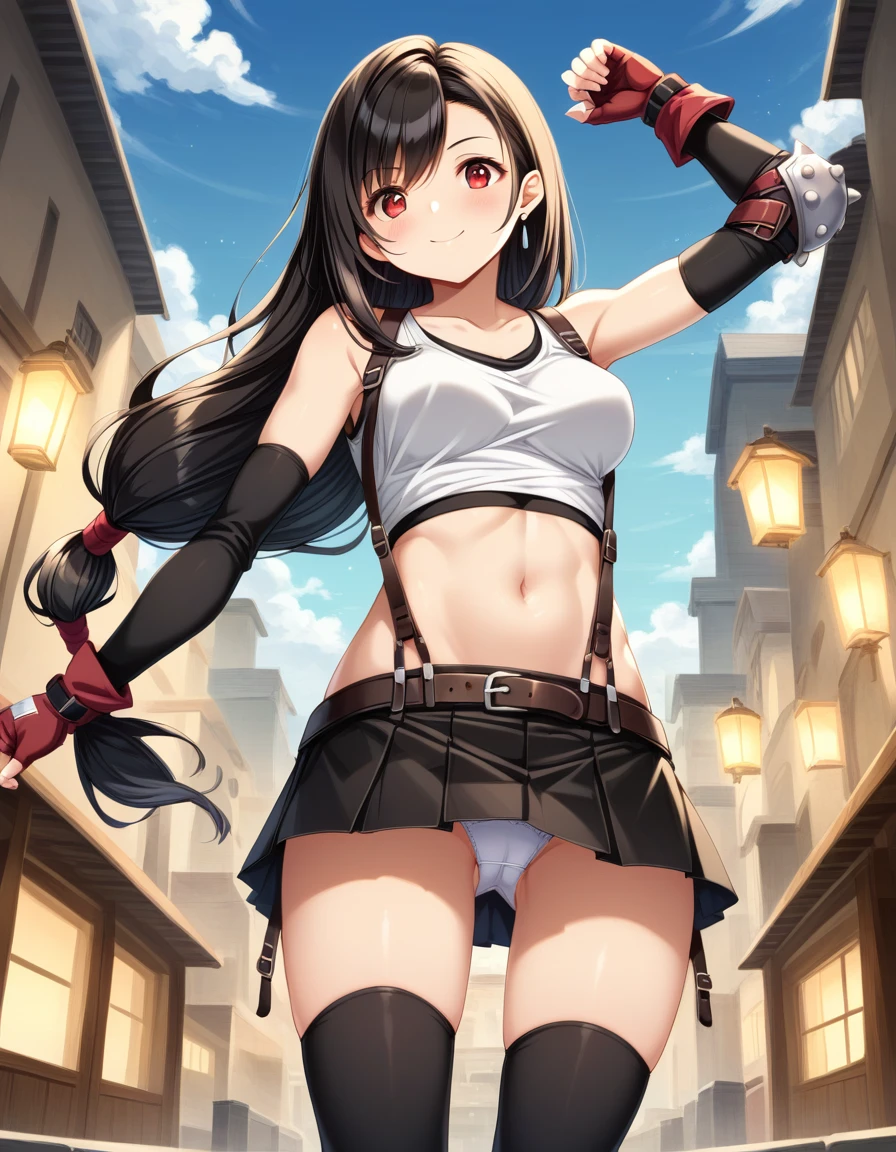 score_9, score_8_up, score_7_up,,rating_safe ,(from below.front_view ,(soro focus),standing,straight-on,,,(upperbody:1.5),looking_at_viewer ,1girl, tifa lockhart, final fantasy, tareme,black hair, low-tied long hair, red eyes, bangs, [white tank top], belt, pleated skirt, thighhighs, elbow fingerless gloves, elbow pads, midriff, navel,suspender skirt . ,(large_breasts),(perky breasts;1,2),,light smile,panties shot,,Solo,,(daytime and beachside and city),detailed skin,(masterpeace),(best quality),(aesthetic,very aesthetic),,highly detailed),,professional lighting,cinematic lighting, dancing breast,