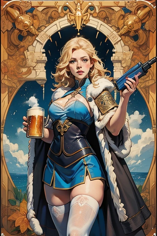 ((best qualityer)), ((work of art)), (detailded), Goddess Freya, beautfull woman, blonde, Attractive woman, voluptuous, slim, busty, Broad Hips, wide thighhighs, clear eyes, short in stature, freckles on the face, viking outfits, animal fur cloak, viking water gun armadillo, holding a mug of beer, wielding a spear