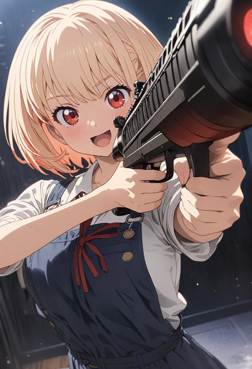 This is Chisato Nishikigi's masterpiece illustration from the anime Licorice Recoil. Her short blonde bob hairstyle has a red ribbon attached to it. He wears a chisato's costume. She seems to be holding a big gun and aiming at it while winking. very cute. This is a digital illustration. Sharp focus, highly detailed illustrations, masterpieces, high resolution, and Octane's overall style. Describe the whole thing. Particles of red light throughout Masterpiece, Top quality, High resolution, Unity 8k wallpaper, (Figure:0.8), Beautiful detailed eyes, Highly detailed face, Perfect lighting, Highly detailed CG, Perfect hands, Perfect anatomy