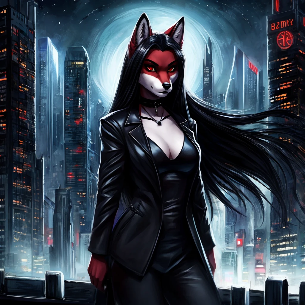 Draw a furry girl, a red fox with red eyes, with black long hair, with burgundy lipstick, with a black choker around his neck, in a classic black jacket with a black top, with a serious look stands heroically against the backdrop of the night city, noir