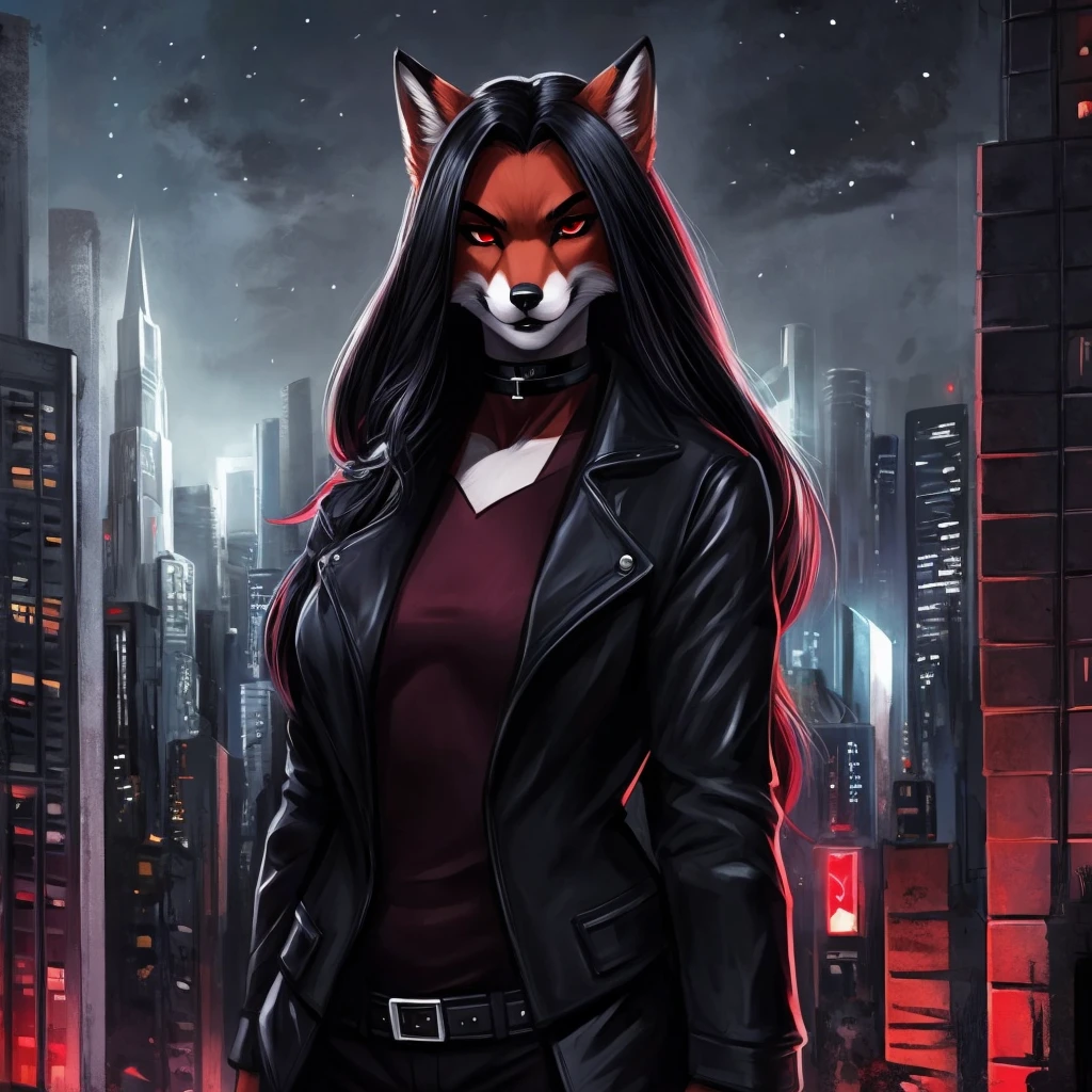 Draw a furry girl, a red fox with red eyes, with black long hair, with burgundy lipstick, with a black choker around his neck, in a classic black jacket with a black top, with a serious look stands heroically against the backdrop of the night city, noir