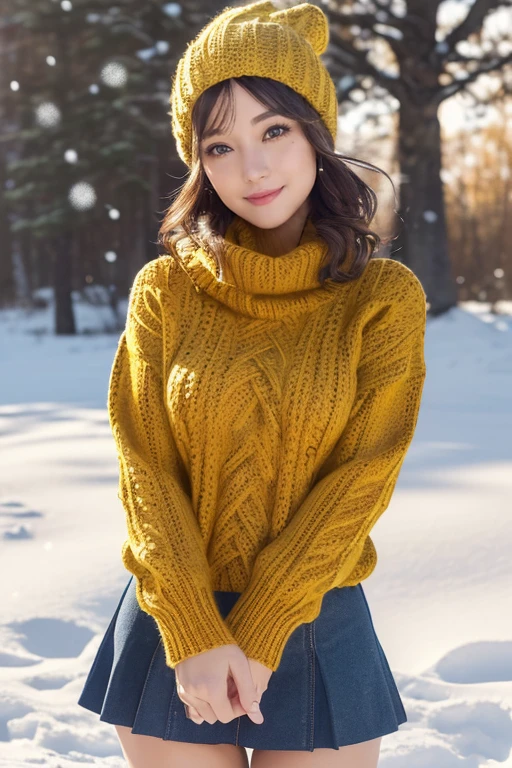 (Highest quality, High resolution, masterpiece :1.3), Beautiful adult woman, ((Snow Scene)), (Wearing a large mustard-colored sweater, turtleneck, Wear a miniskirt, Wear sneakers, Wear a knitted hat, ), (Loosely wavy white bob hair), ((Accurately expresses the fine details of the face and skin texture)), Playing happily, avert your eyes,
