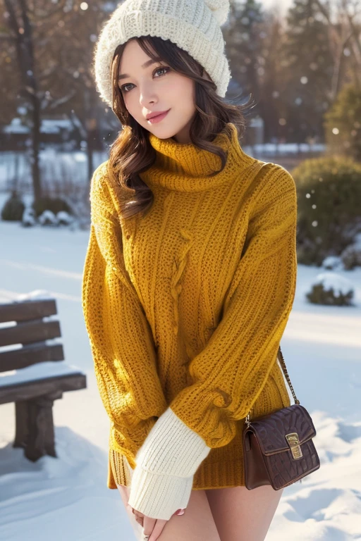 (Highest quality, High resolution, masterpiece :1.3), Beautiful adult woman, ((Snow Scene)), (Wearing a large mustard-colored sweater, turtleneck, Wear a miniskirt, Wear sneakers, Wear a knitted hat, ), (Loosely wavy white bob hair), ((Accurately expresses the fine details of the face and skin texture)), Playing happily, avert your eyes,
