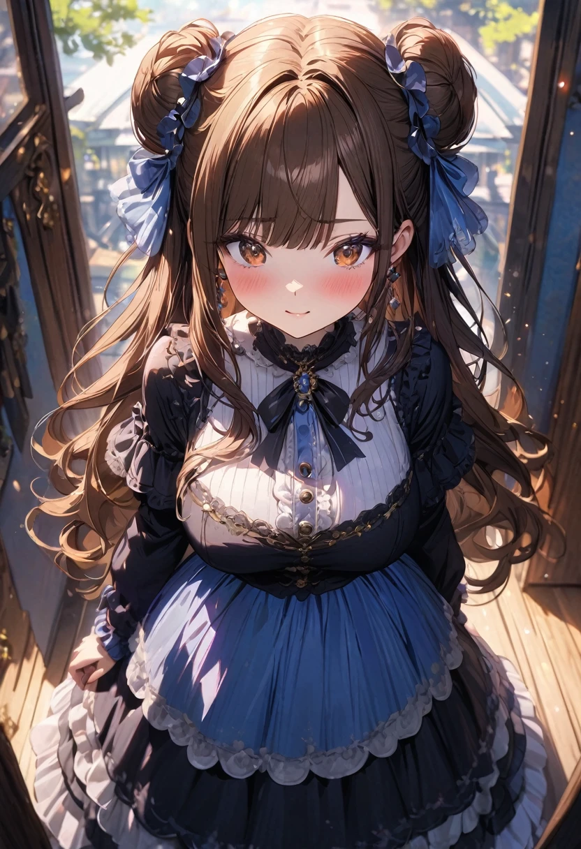 (masterpiece), best quality, very aesthetic, newest, absurdres, detailed, high quality
BREAK
highest quality, top quality, details, highres, ultra fine painting, digital art, official art, cinematic, 4k, 8k resolution, 8K CG wallpaper, CG, original artwork, detailed background, colorful background, blue atmosphere, High Dynamic Range, blurry background, blue hour, Starburst effects, crepuscular rays, good ISO, high resolution, wide shot, from far away, RAW photo, POV, sharp focus, light reflection, reflections, intricate details, soft light, particle noise, professional photography, bokeh, depth of field, natural lighting, vibrant colors, looking away, detailed lights and shadows, stylish, ultra-detailed, top rated on Pixiv, trending on Artstation, niji style, modern-days, master crafted, pose
BREAK
solo, close up shot, from above, 1girl, pale skin, correct fingers, detailed hand, (big breasts:1.2), big thighs, small torso, short body, flushtered, blush, anxious expression, embarassed, embarassed act, casual, slim, ((cute, childlike face):1.3), nice hips, nice body, brown hair, (very long flowing hair), (big 2 buns hairstyle)), long bangs, long hair, middle hair bangs, brown eyes
BREAK
(really long dress, frilly, long sleeve, princess style outfit, full body) 
BREAK
Hanging clothes, folded clothes, walls, changing room, wardrobe