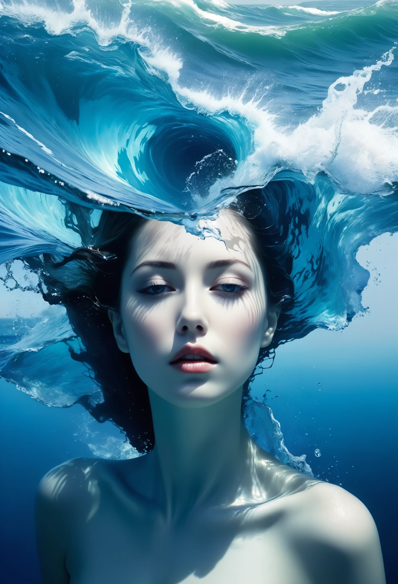 Sea Collapse, Blue tint, Depth Perception, Rough Water. The facial formation can be observed，Surrealism，Water Element