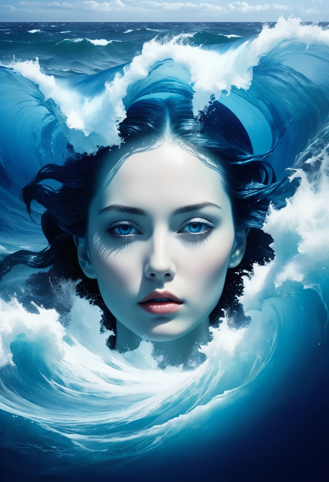 Sea Collapse, Blue tint, Depth Perception, Rough Water. The facial formation can be observed,Surrealism,Water Element