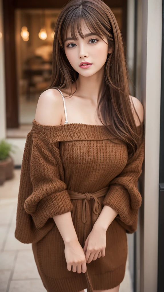 Best quality, 8k, ,Masterpiece :1.3)), facing viewer,((full body1.2)) ,pretty woman, wide shot ,1girl, , , , , brown hair , bangs,ultra-detailed face, highly detailed lips, detailed eyes, double eyelid