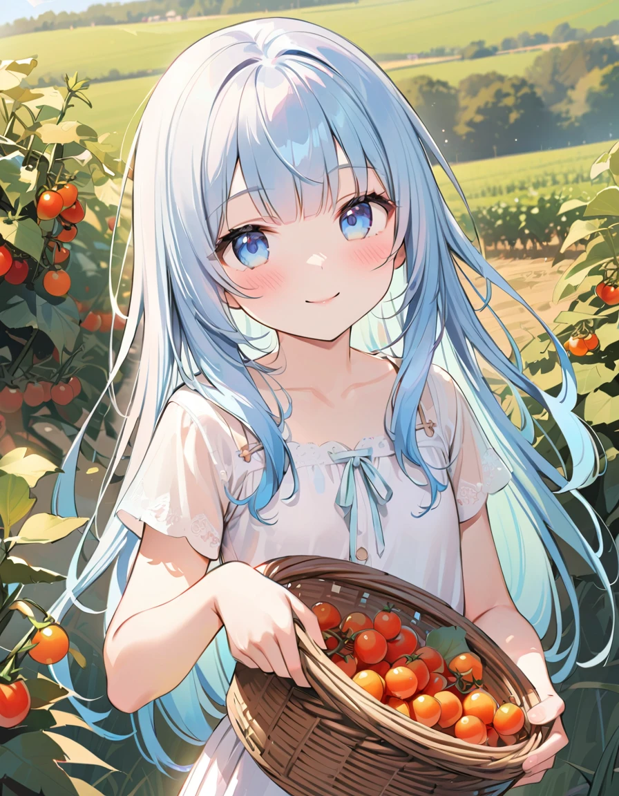masterpiece, best quality, extremely detailed, (illustration, official art:1.1), 1 girl ,(((( light blue long hair)))), ,(((( light blue long hair)))),light blue hair, , long hair ((blush)) , cute face, big eyes, masterpiece, best quality,(((((a very delicate and beautiful girl))))),Amazing,beautiful detailed eyes,blunt bangs((((little delicate girl)))),tareme(true beautiful:1.2), sense of depth,dynamic angle,,,, affectionate smile, (true beautiful:1.2),,(tiny 1girl model:1.2),)(flat chest),Photorealistic、Chibi Girl(Harvesting cherry tomatoes、A lot of cherry tomatoes in a basket、smile)、Vegetables in a basket、field