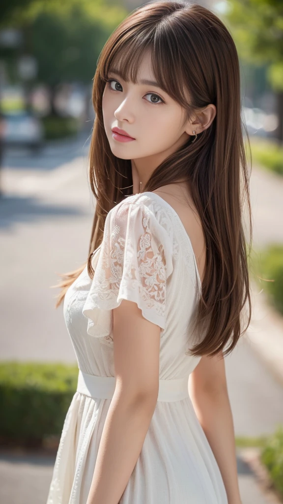 Best quality, 8k, ,Masterpiece :1.3)), facing viewer,((full body1.2)) ,pretty woman, wide shot ,1girl, , , , , brown hair , bangs,ultra-detailed face, highly detailed lips, detailed eyes, double eyelid