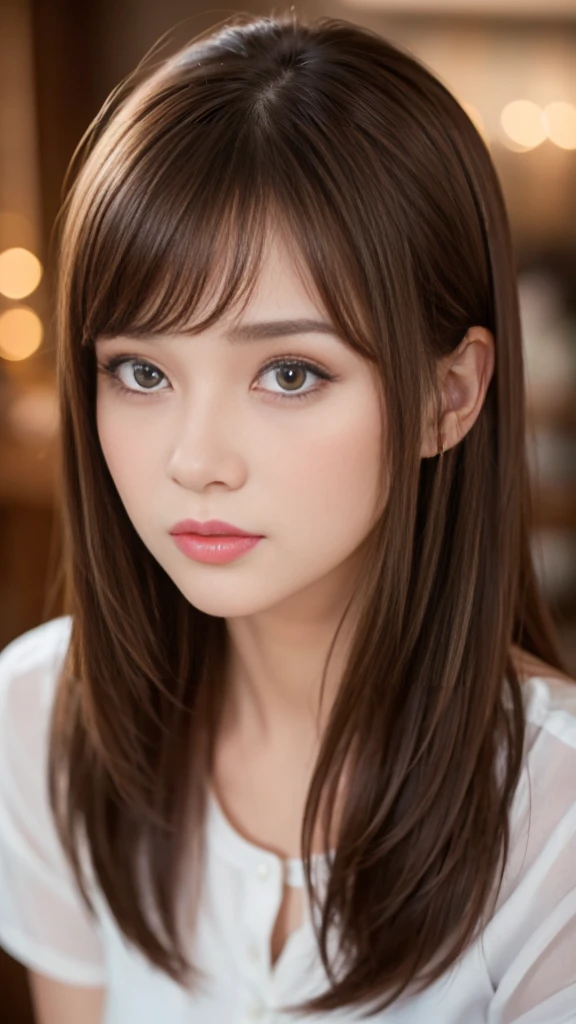Best quality, 8k, ,Masterpiece :1.3)), facing viewer,((full body1.2)) ,pretty woman, wide shot ,1girl, , , , , brown hair , bangs,ultra-detailed face, highly detailed lips, detailed eyes, double eyelid