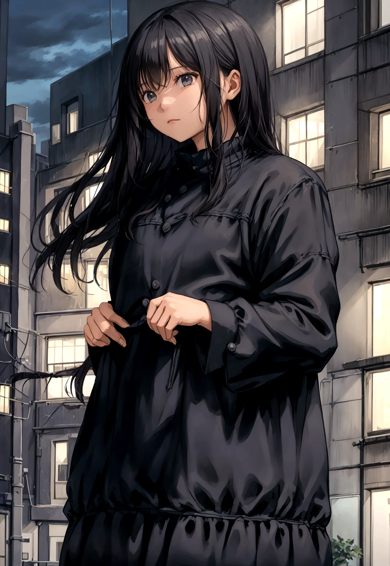 A July night in the city, with a cool breeze blowing through the buildings. After the rain, stars twinkle through the gaps in the clouds. A man and a woman, with the woman's long black hair flowing in the wind, enjoying a moment of twilight in the summer night. The man is handsome, and both are dressed in light early summer clothing, adding to the relaxed atmosphere of the urban landscape.