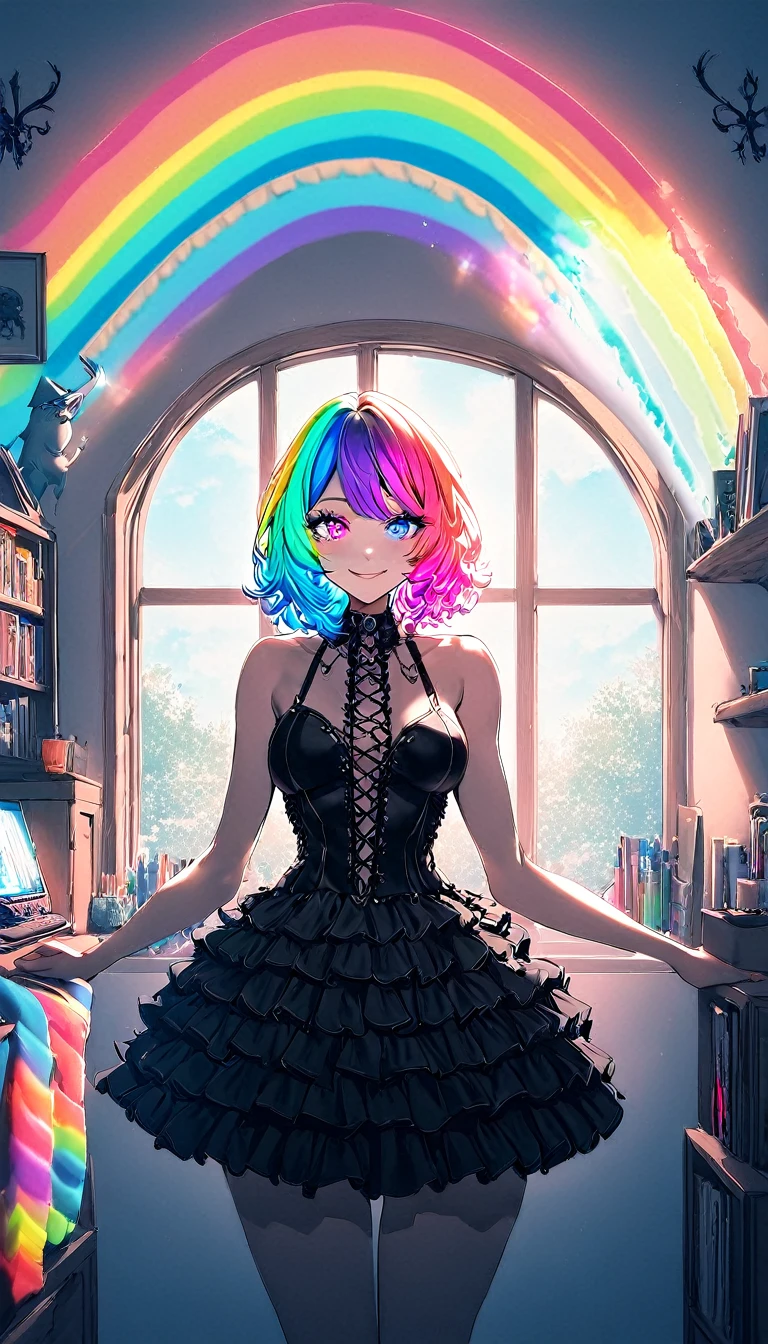 1 girl, realisitic, standing alone, Gothic ,shorth hair bagunçado com laterais longas, shorth hair, ombre, mascara, Farbe: spectrum, vivid Farbes, Rainbow hair , bright Rainbow hair, medium breasts, Inside the house  , highy detailed, cute, ssmile, room, breasts big, ruffle trim