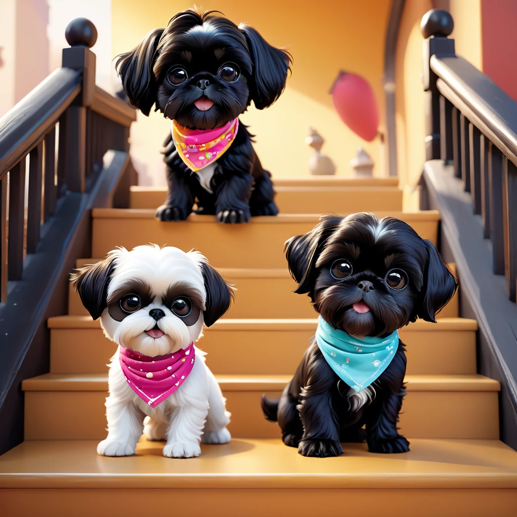 2 Adorable small black Shih Tzu puppies wearing bright bandannas sunglasses playing on stairs Disney background 3d cartoon 3d render disney pixar style