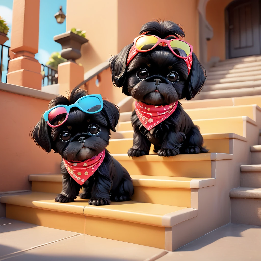 2 Adorable small black Shih Tzu puppies wearing bright bandannas sunglasses on porch swing Disney background 3d cartoon 3d render disney pixar style