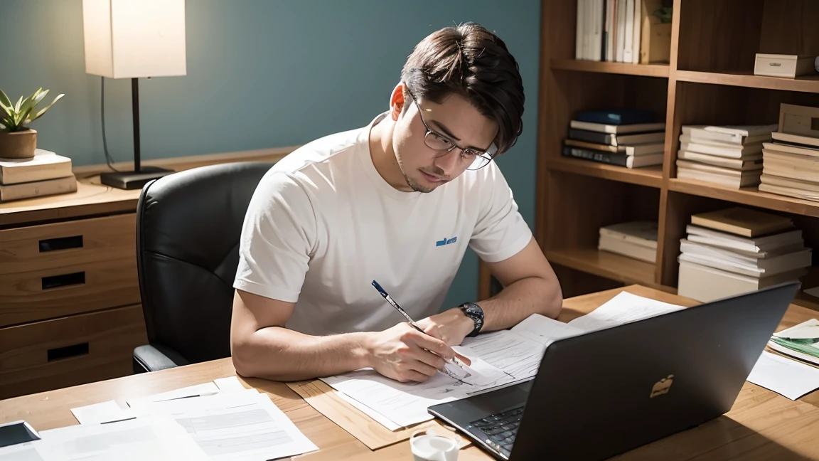 A civil engineer at his desk on a construction site, surrounded by messy papers. He is seen frustrated while reviewing documents and typing on a computer. Spotlight, Focuses on his hand making a mistake while typing.
